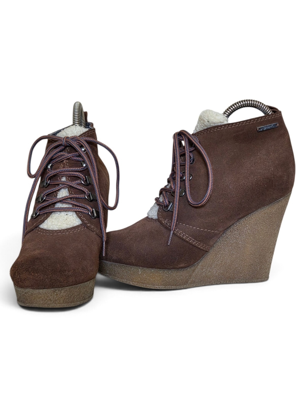 DIESEL Brown Suede Lace Up Wedge Booties Shearling Trim Size 38 US 7.5